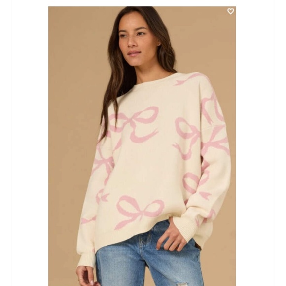 Altar'd State Cream and Pink Crew Neck Sweater with Bow Pattern Small - Picture 1 of 11